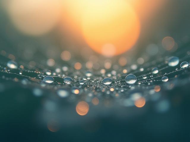 Gotas de rocío en una telaraña al amanecer.
