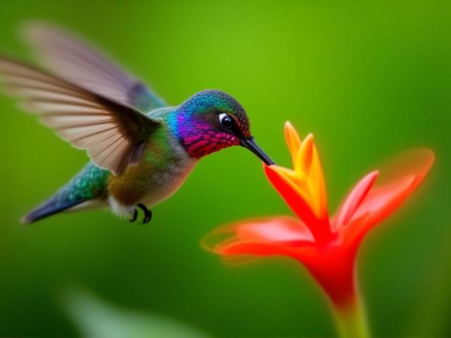 Colibrí bebiendo néctar de una flor tropical.