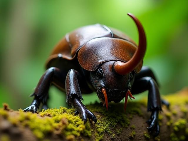 Un escarabajo rinoceronte majestuoso sobre un tronco musgoso.