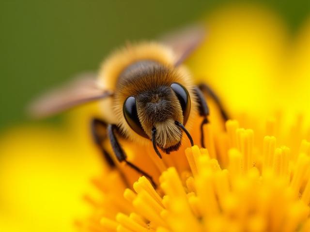 Abeja polinizando una flor, macrofotografía detallada.