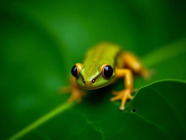 Rana colorida sentada en una hoja en la selva tropical.